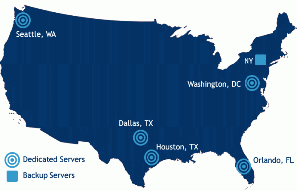 Servers located in Seattle (WA), Houston (TX), Dallas (TX), Washington (DC) and Orlando (FL)